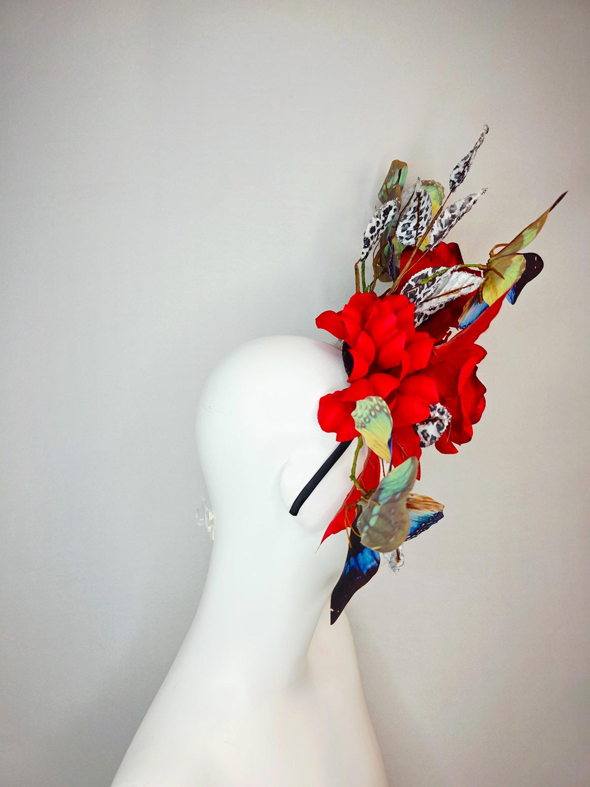 kentucky derby hat fascinator large scarlet red satin roses gray black and white leopard print velvet leaves sky blue and black butterflies