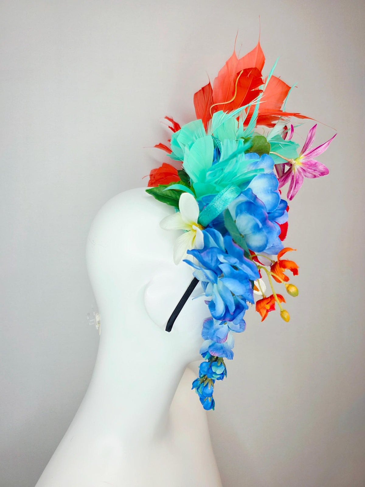 kentucky derby hat fascinator red satin rose orange ivory white pink blue satin flowers green leaves coral red and aqua mint green feathers