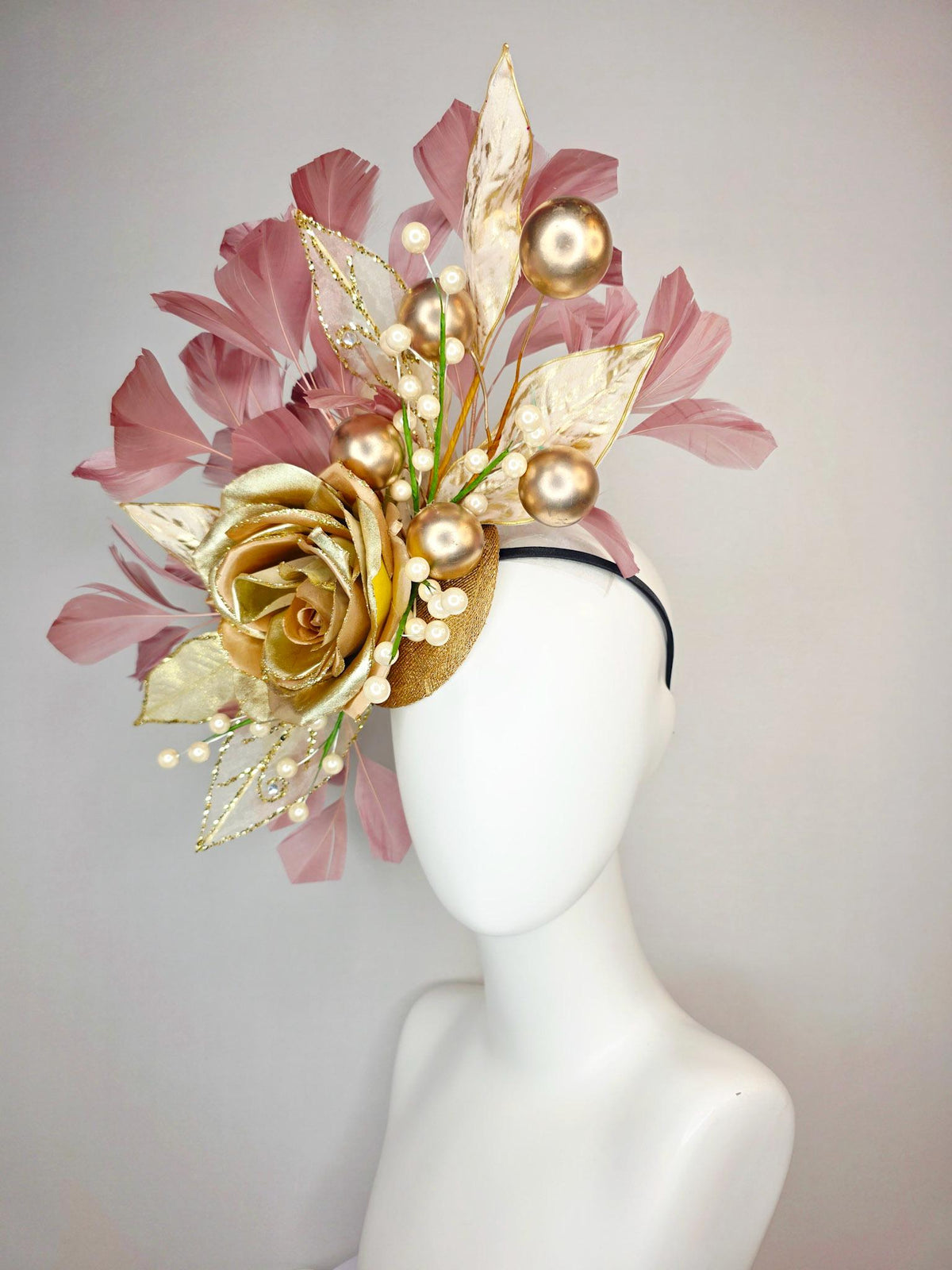 kentucky derby hat fascinator large gold satin silk rose with gold leaves large gold and small pearls mauve dusty pink branching feathers