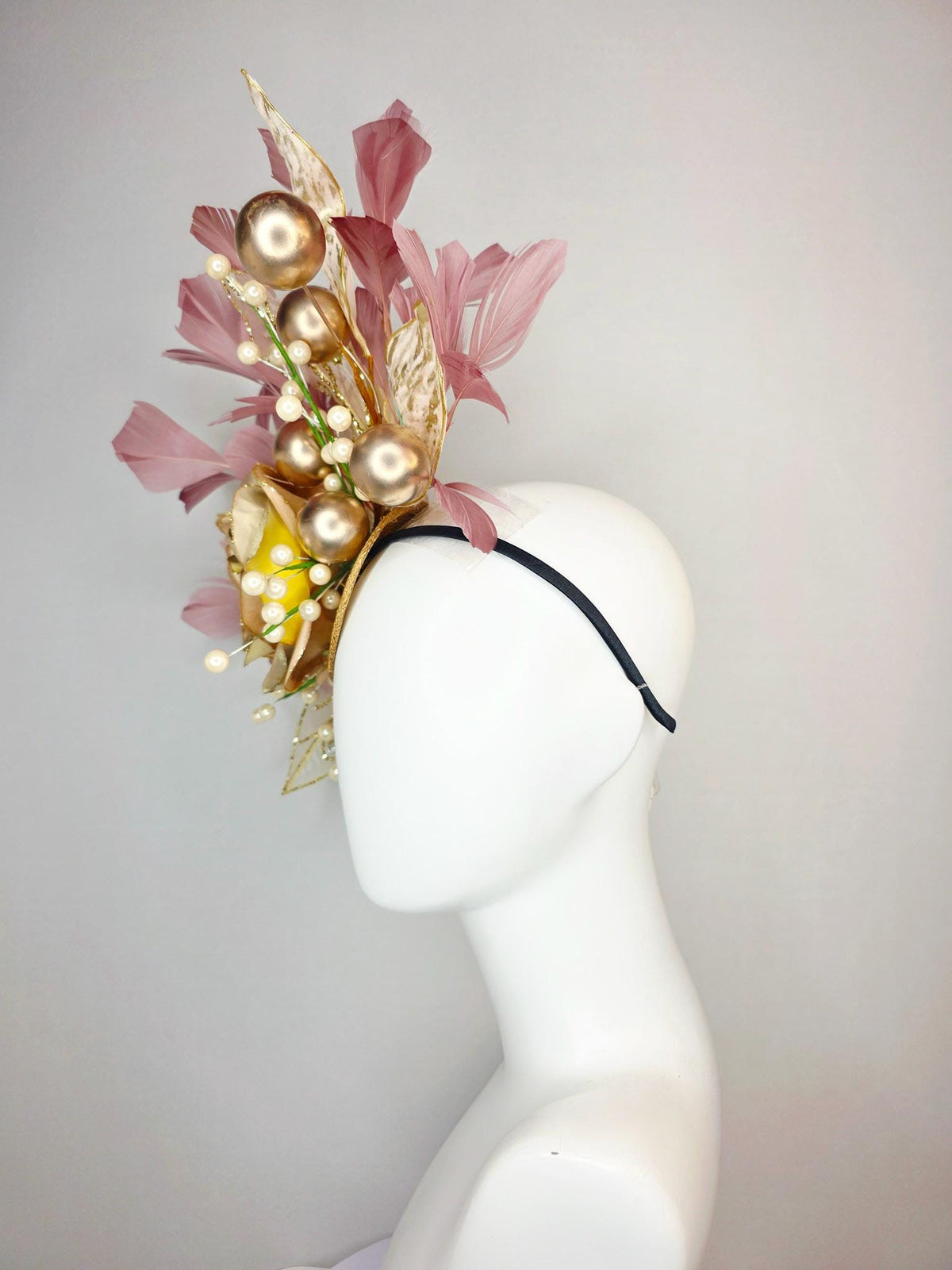 kentucky derby hat fascinator large gold satin silk rose with gold leaves large gold and small pearls mauve dusty pink branching feathers