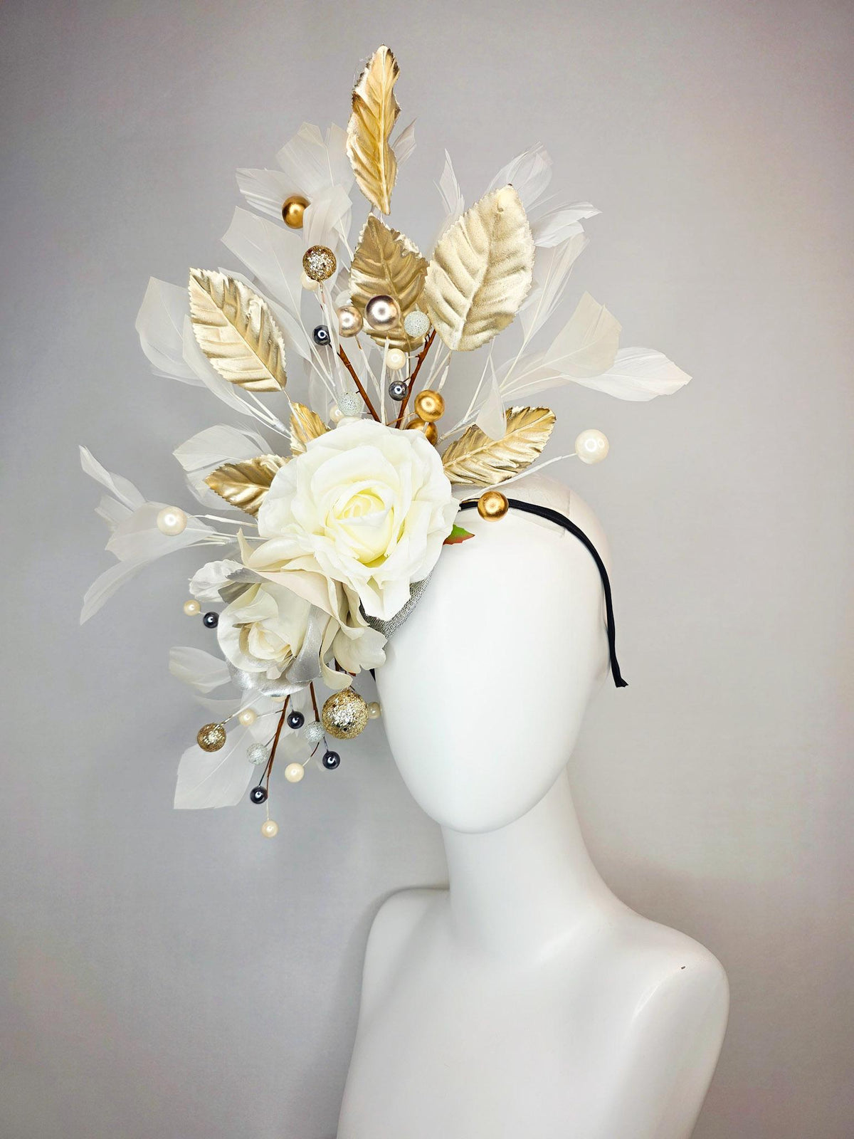 kentucky derby hat fascinator neutral ivory white silver organza roses gold leaves gold bronze silver pearls ivory white branching feathers