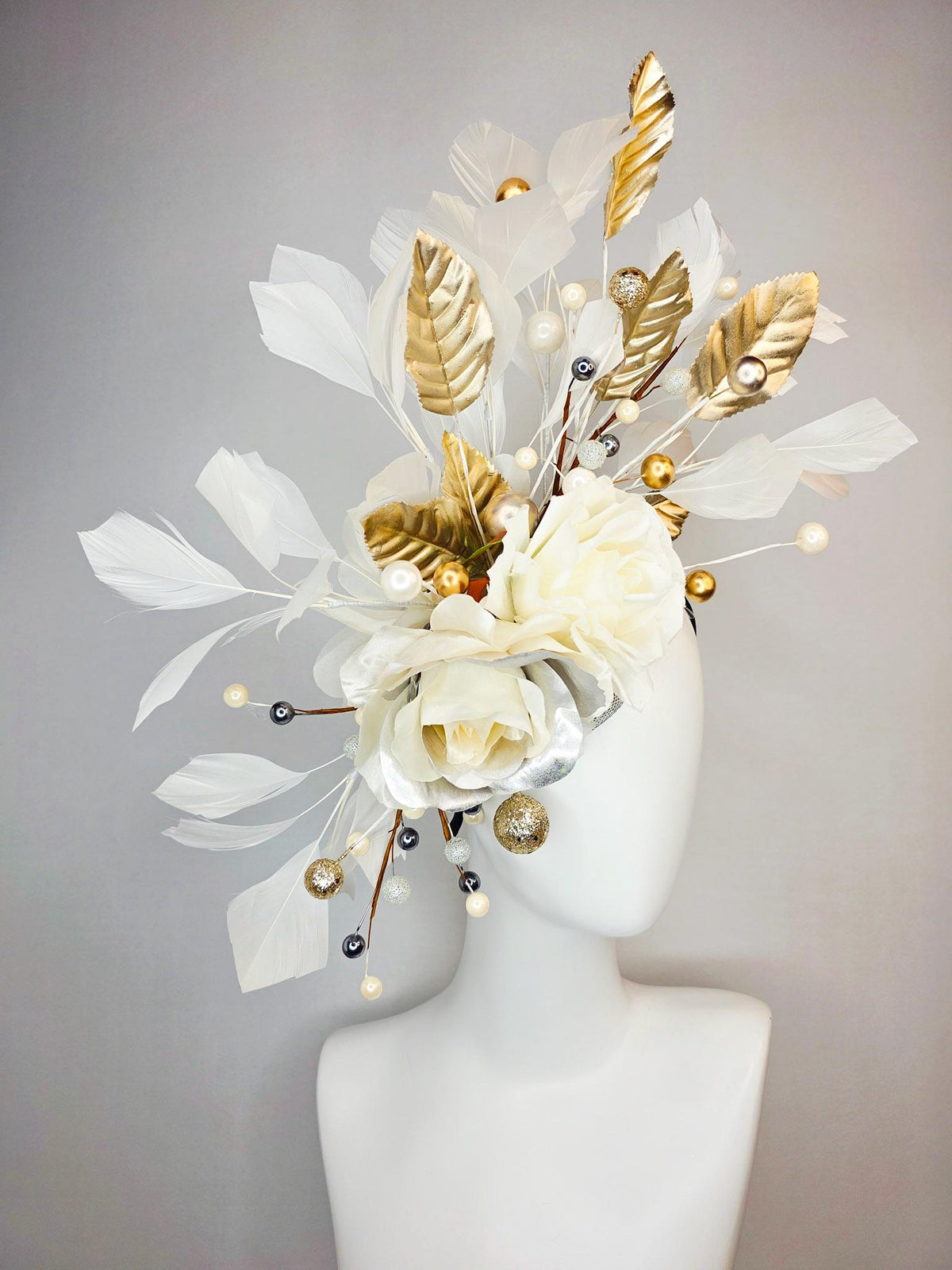 kentucky derby hat fascinator neutral ivory white silver organza roses gold leaves gold bronze silver pearls ivory white branching feathers