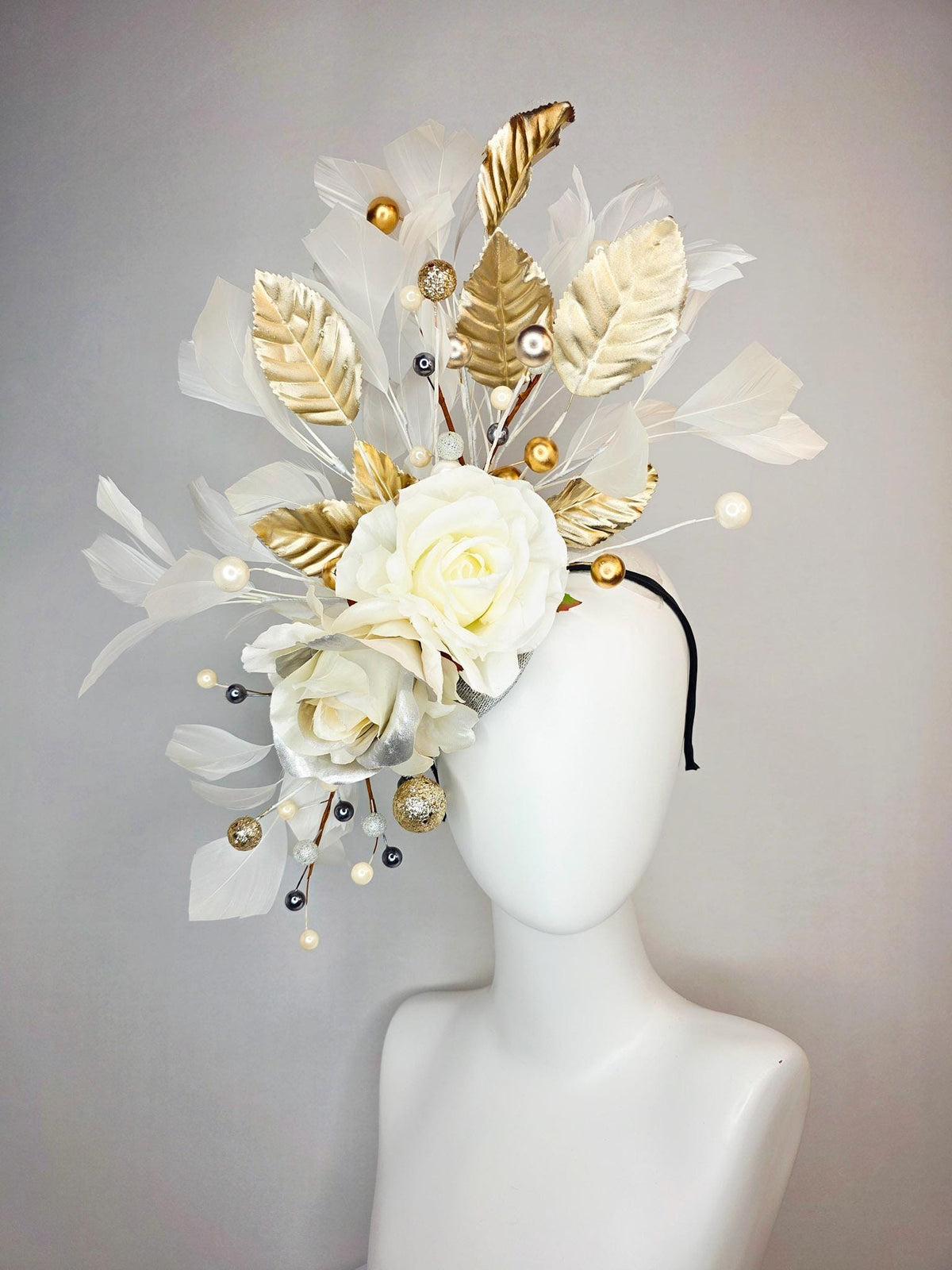 kentucky derby hat fascinator neutral ivory white silver organza roses gold leaves gold bronze silver pearls ivory white branching feathers