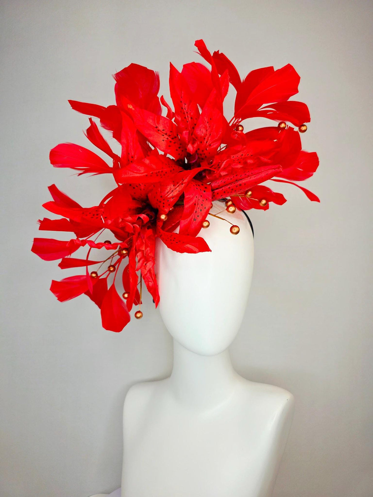 kentucky derby hat fascinator bright scarlet red satin lily flowers with gold pearls and bright red branching feathers