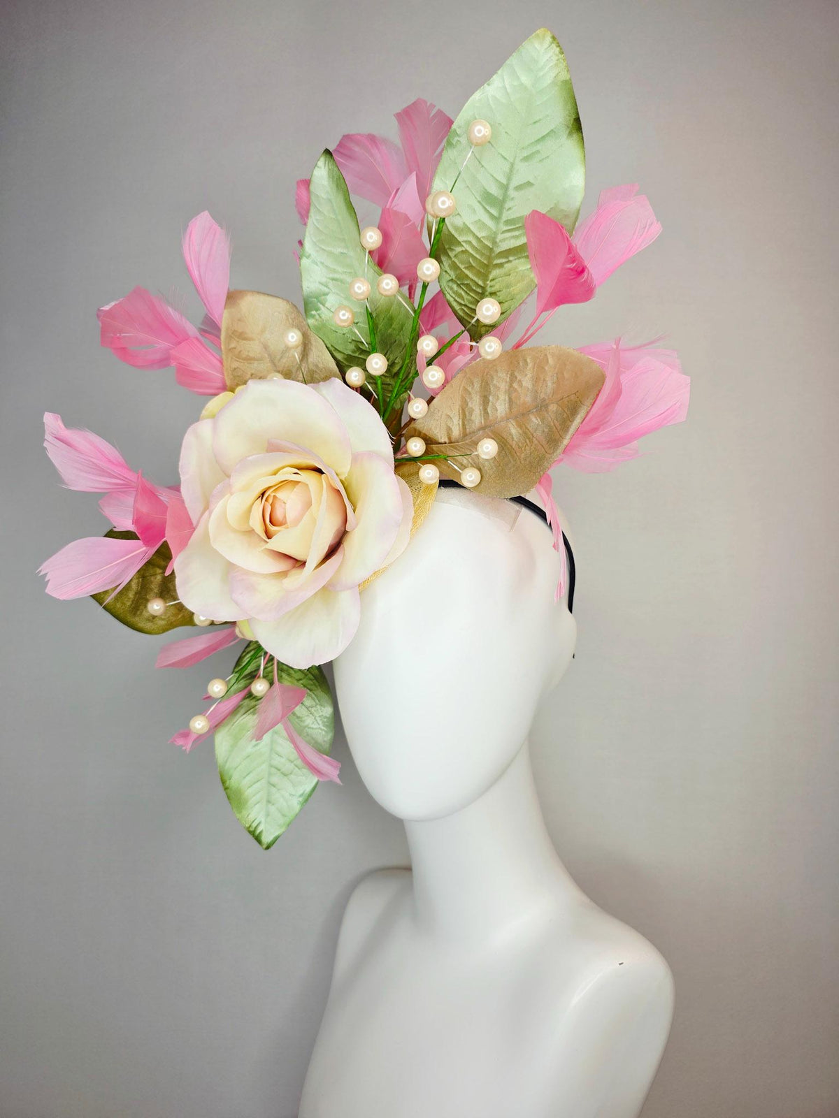kentucky derby hat fascinator large with ombre lilac cream satin rose tan beige sage green leaves with pearls baby pink branching feathers