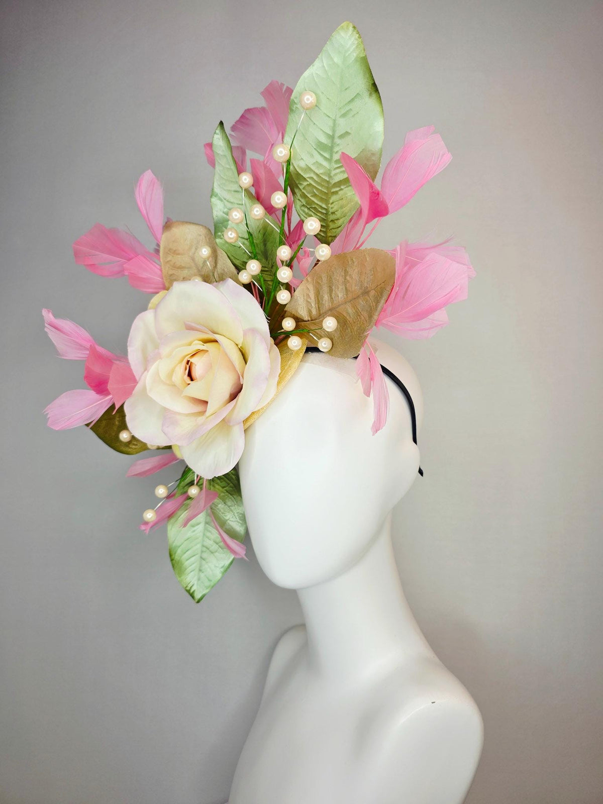 kentucky derby hat fascinator large with ombre lilac cream satin rose tan beige sage green leaves with pearls baby pink branching feathers