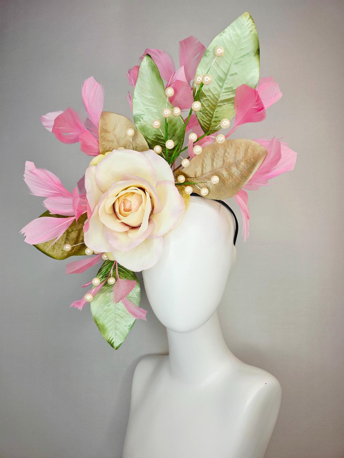kentucky derby hat fascinator large with ombre lilac cream satin rose tan beige sage green leaves with pearls baby pink branching feathers