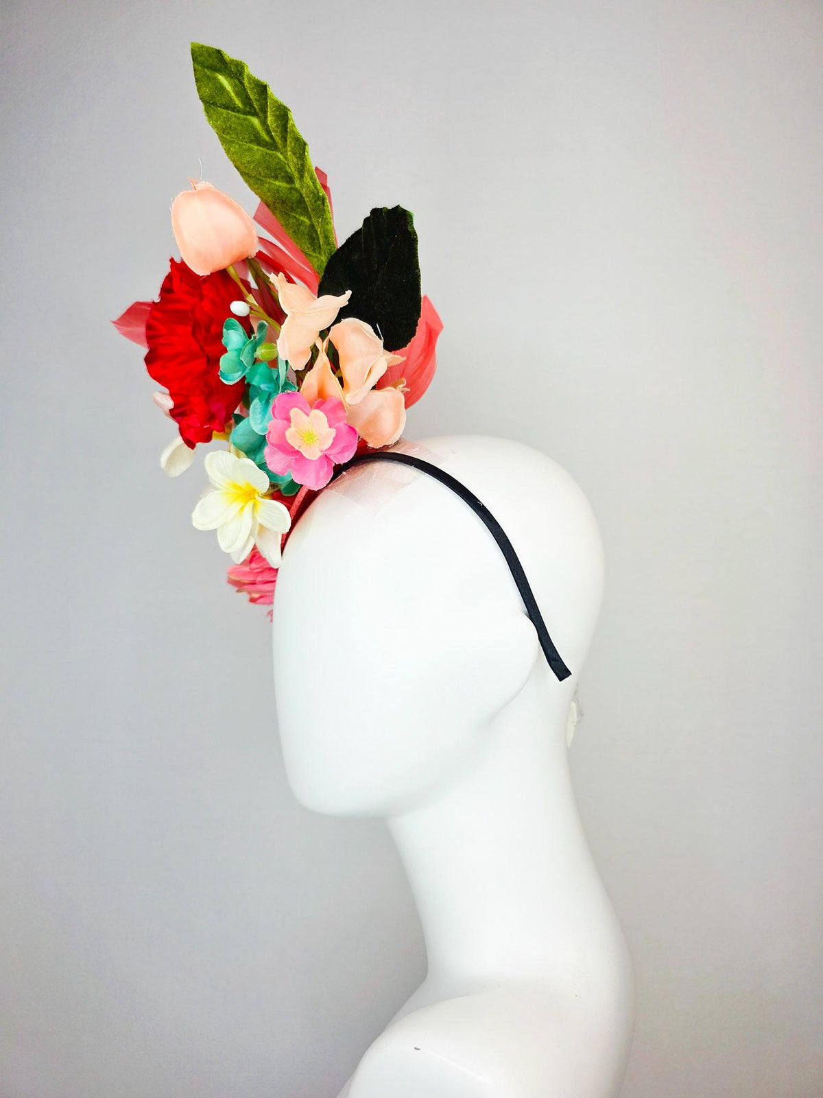 kentucky derby hat fascinator red coral peach orange yellow pink ivory white teal blue satin flowers green leaves and coral red feathers