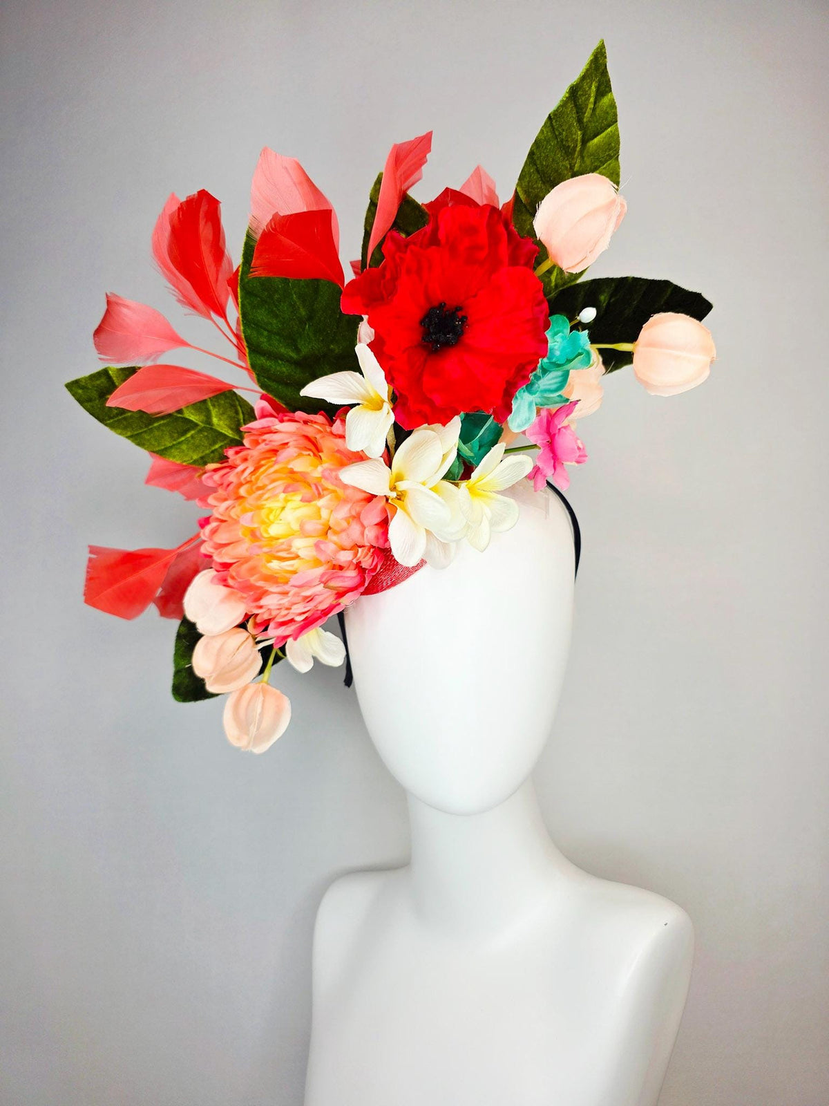 kentucky derby hat fascinator red coral peach orange yellow pink ivory white teal blue satin flowers green leaves and coral red feathers