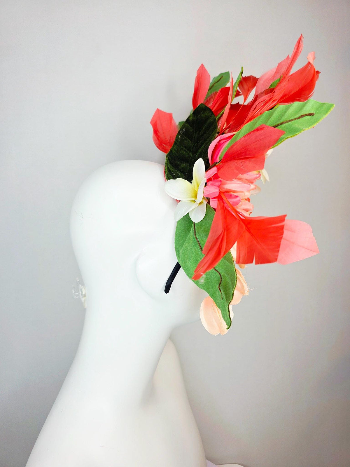 kentucky derby hat fascinator red coral peach orange yellow pink ivory white teal blue satin flowers green leaves and coral red feathers
