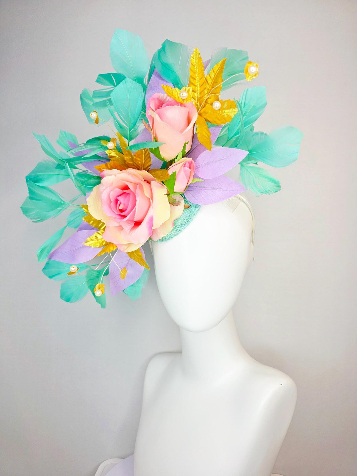 kentucky derby hat fascinator cream light baby pink roses lavender purple and yellow gold leaves pearls aqua mint green branching feathers