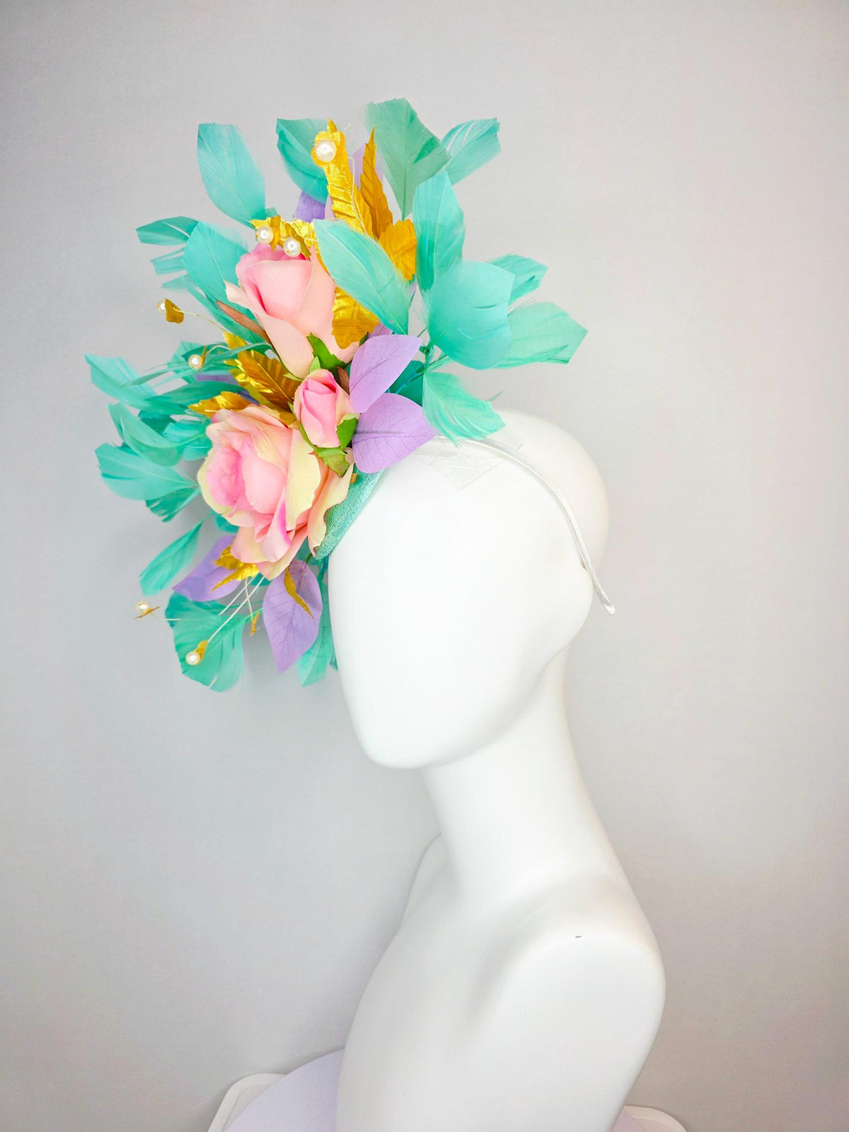 kentucky derby hat fascinator cream light baby pink roses lavender purple and yellow gold leaves pearls aqua mint green branching feathers