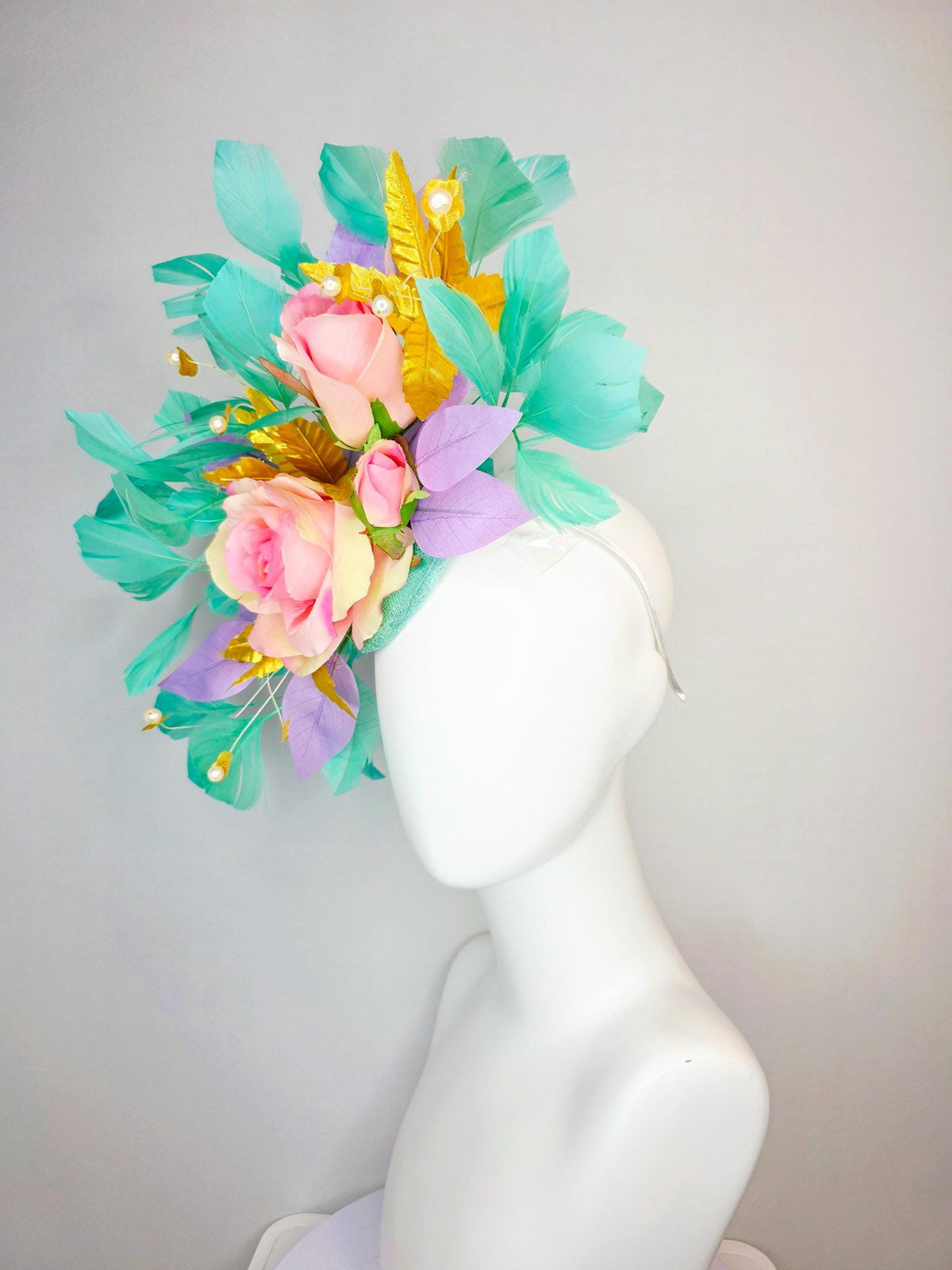 kentucky derby hat fascinator cream light baby pink roses lavender purple and yellow gold leaves pearls aqua mint green branching feathers
