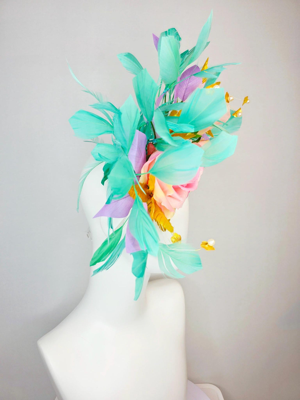kentucky derby hat fascinator cream light baby pink roses lavender purple and yellow gold leaves pearls aqua mint green branching feathers
