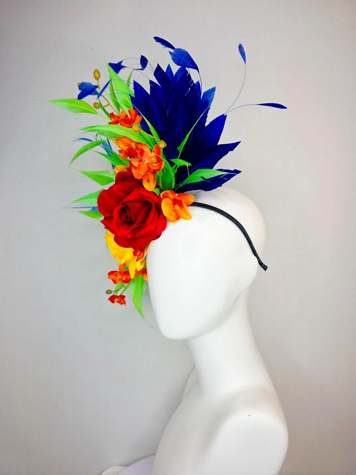 kentucky derby hat fascinator scarlet red and yellow satin roses orange red satin orchids cobalt royal blue lime green branching feathers