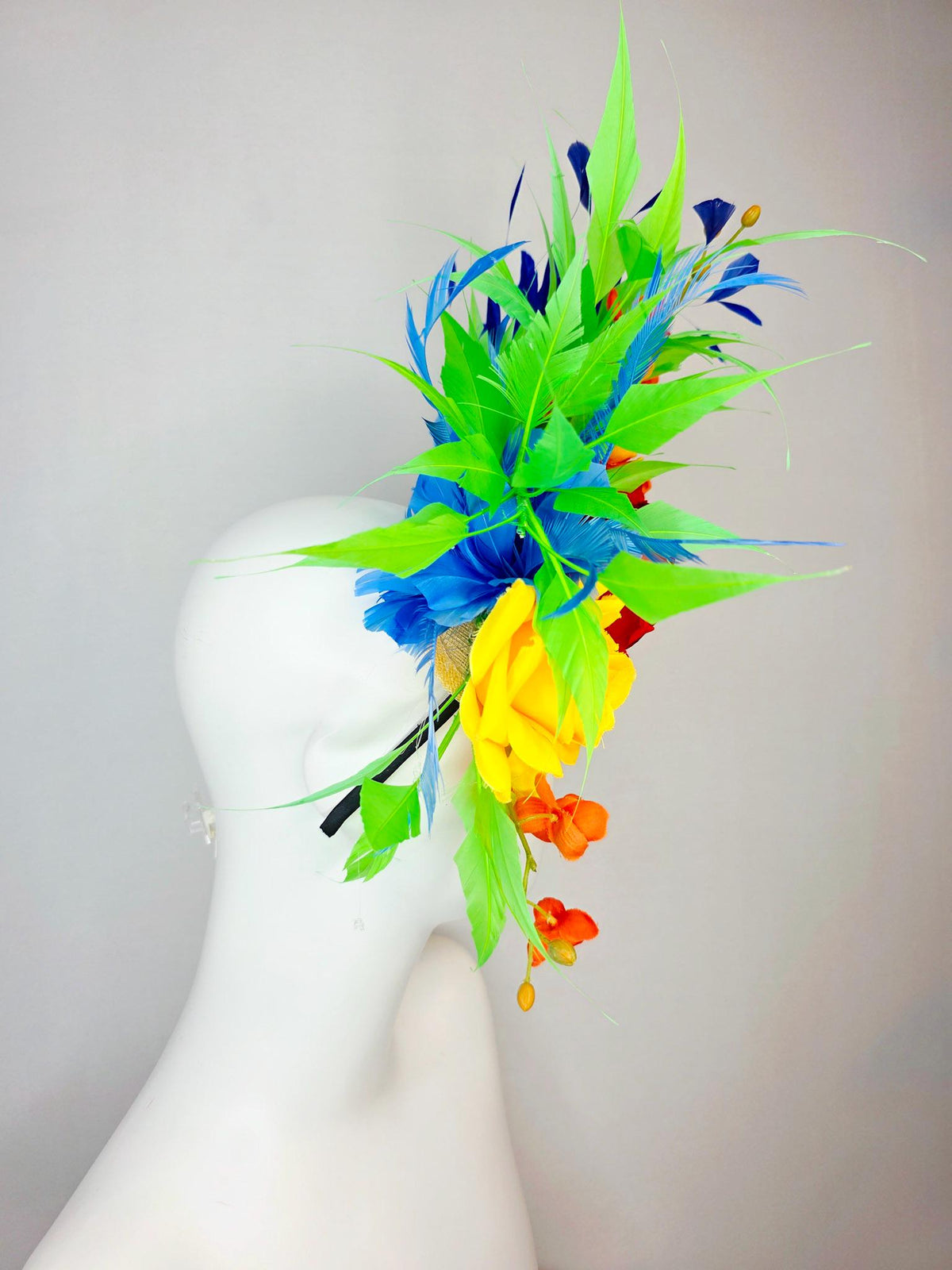 kentucky derby hat fascinator scarlet red and yellow satin roses orange red satin orchids cobalt royal blue lime green branching feathers