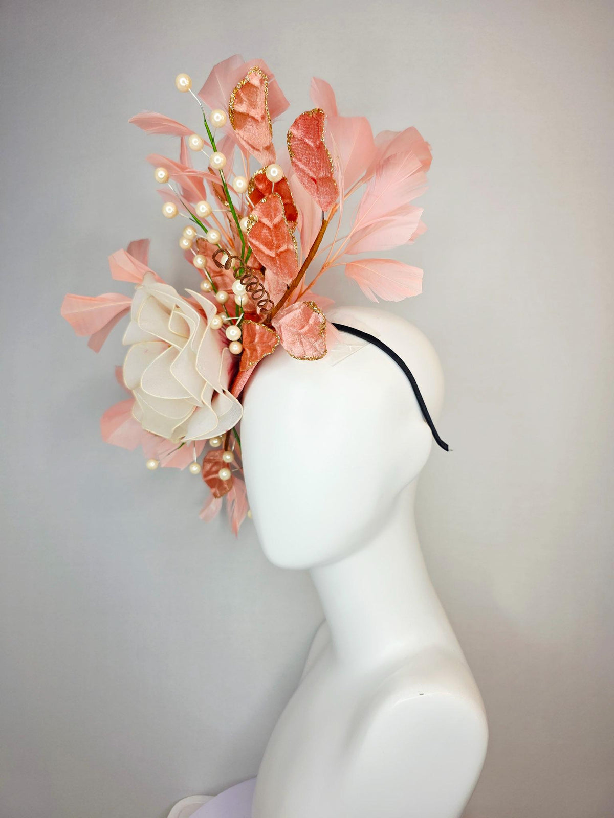 kentucky derby hat fascinator large white cream mesh rose velvet salmon peach orange leaves with pearls light pink peach branching feathers