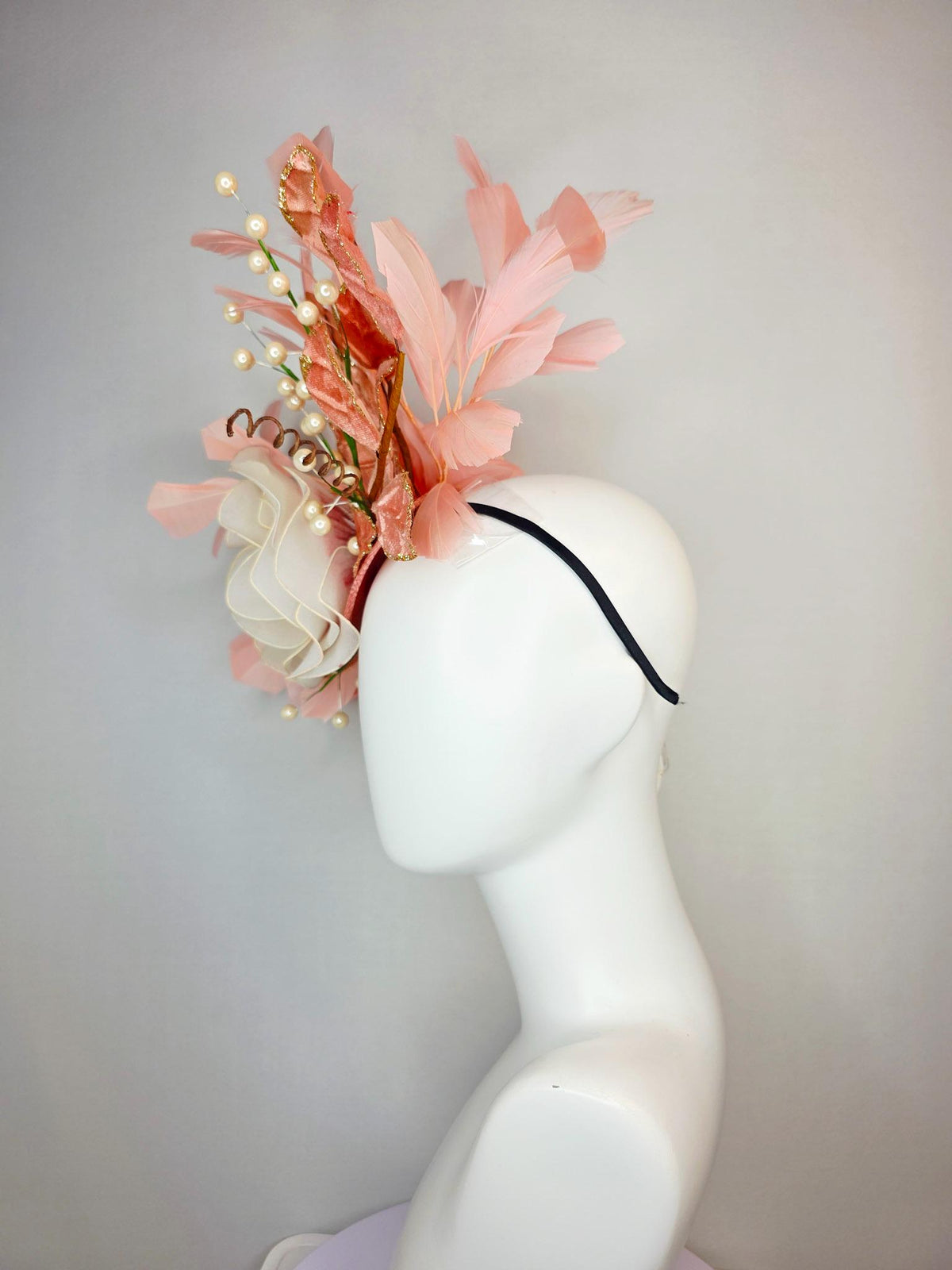 kentucky derby hat fascinator large white cream mesh rose velvet salmon peach orange leaves with pearls light pink peach branching feathers