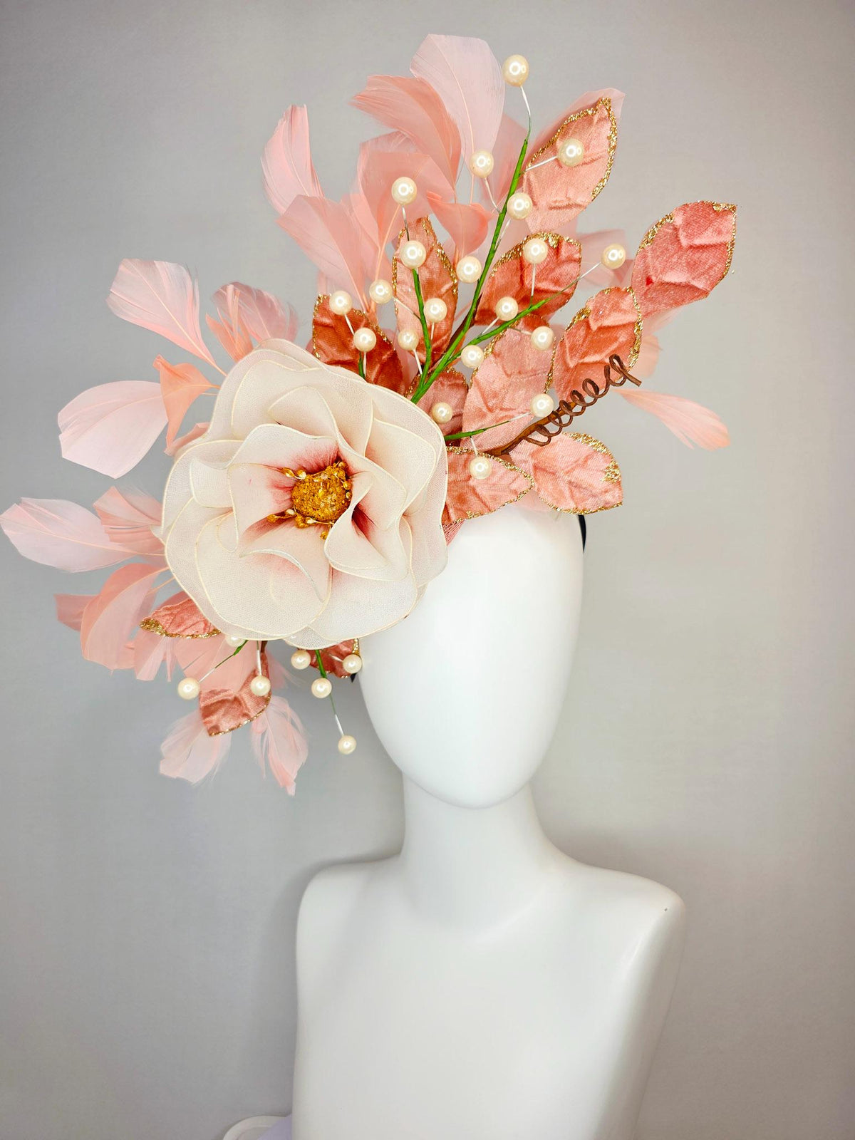kentucky derby hat fascinator large white cream mesh rose velvet salmon peach orange leaves with pearls light pink peach branching feathers
