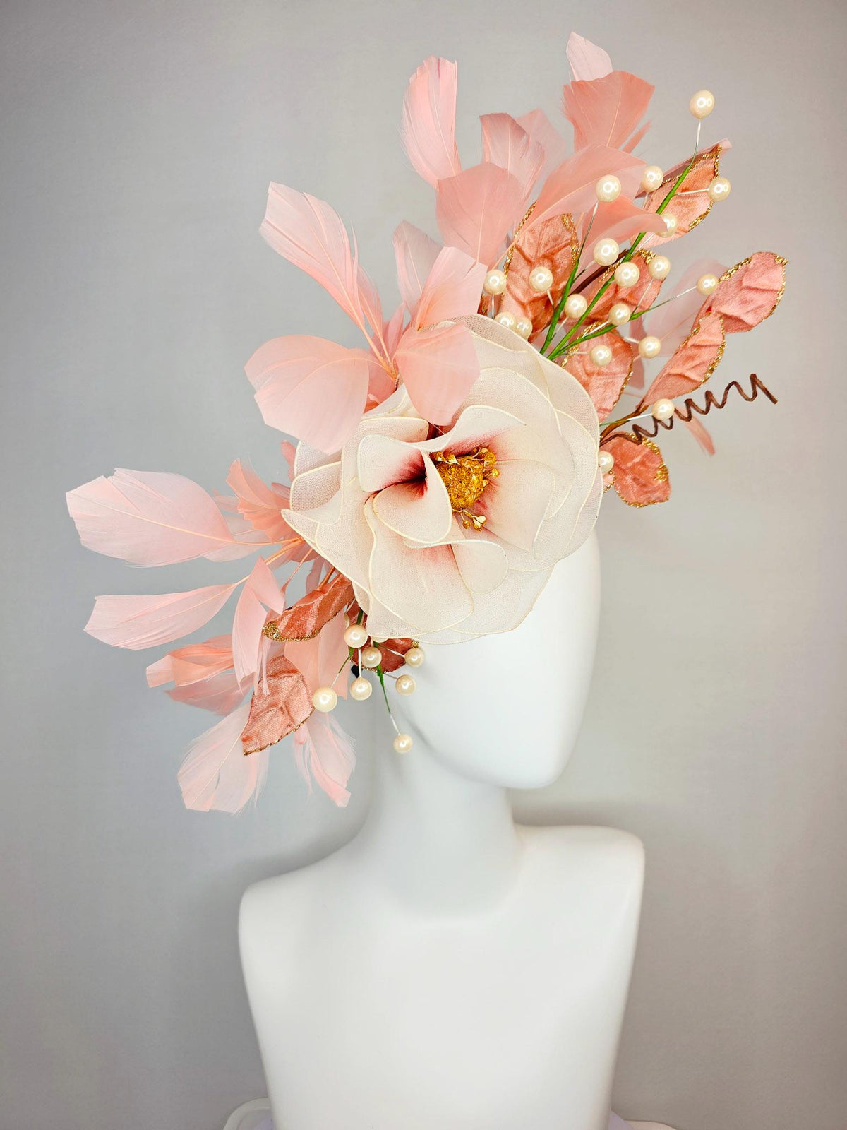 kentucky derby hat fascinator large white cream mesh rose velvet salmon peach orange leaves with pearls light pink peach branching feathers