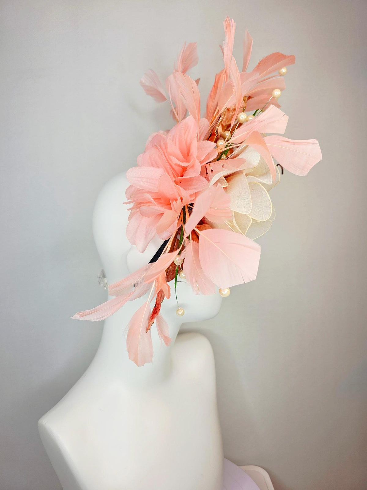 kentucky derby hat fascinator large white cream mesh rose velvet salmon peach orange leaves with pearls light pink peach branching feathers