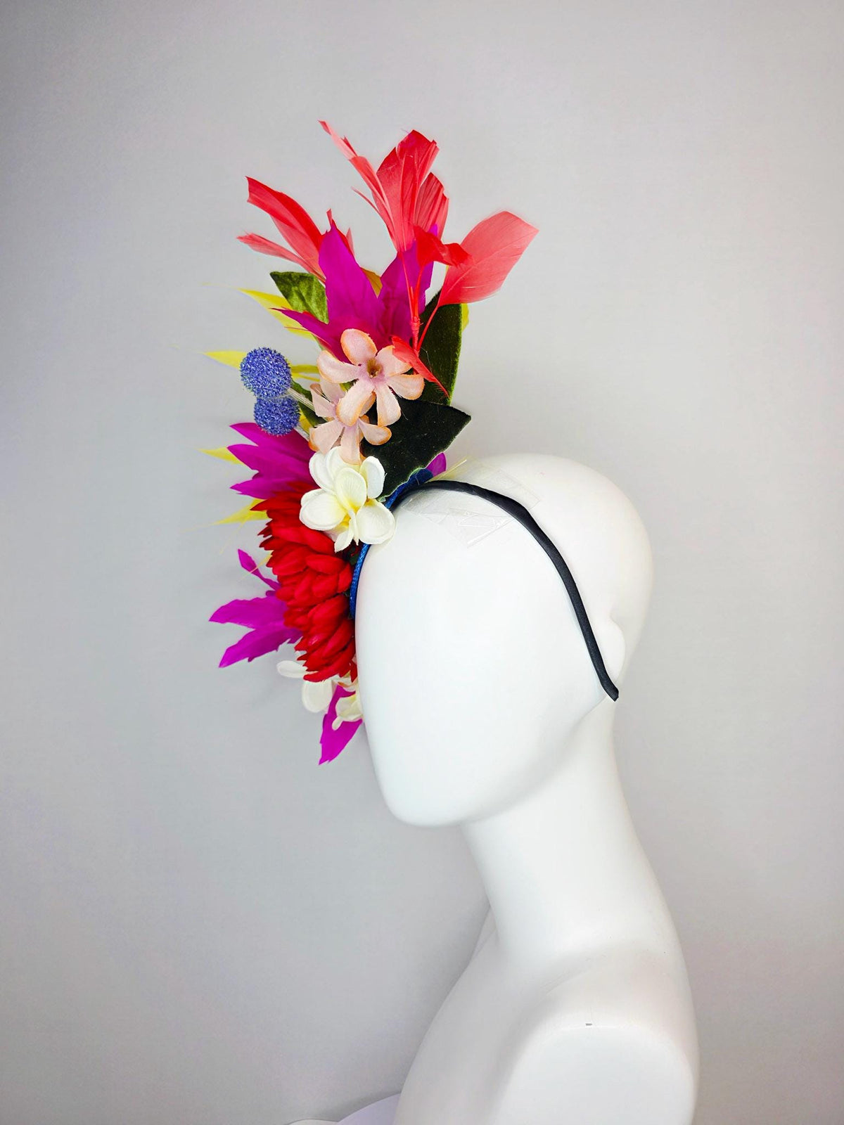 kentucky derby hat fascinator red ivory white magenta purple satin flowers blue thistles green leaves and coral yellow fuchsia pink feathers