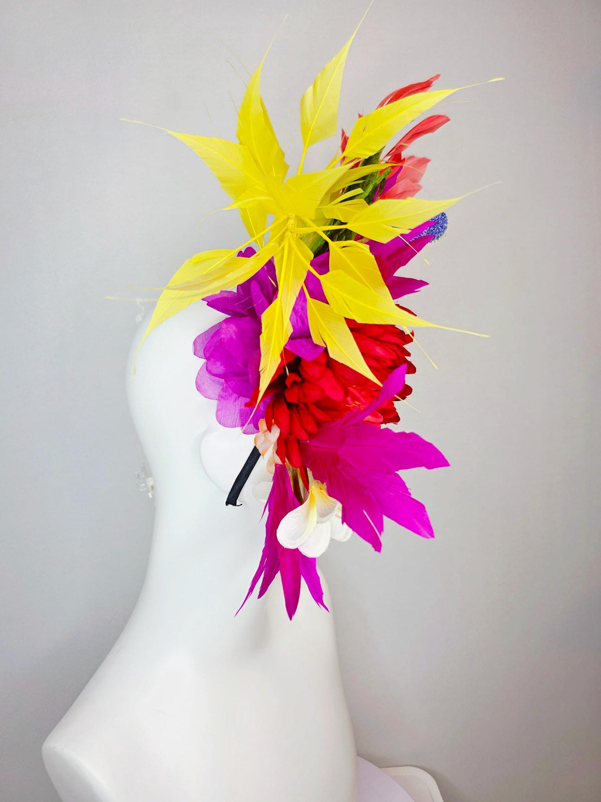 kentucky derby hat fascinator red ivory white magenta purple satin flowers blue thistles green leaves and coral yellow fuchsia pink feathers