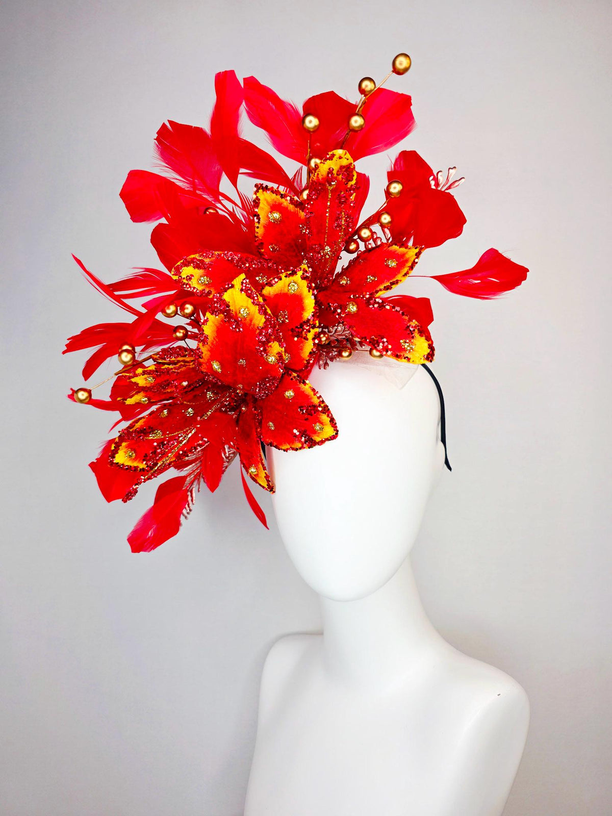 kentucky derby hat fascinator scarlet red and yellow with red sequin satin flowers bright red branching feathers and gold pearl stems