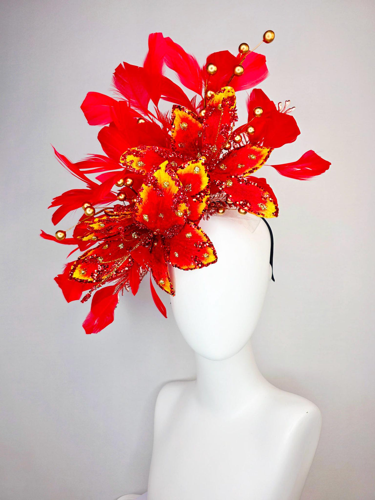 kentucky derby hat fascinator scarlet red and yellow with red sequin satin flowers bright red branching feathers and gold pearl stems