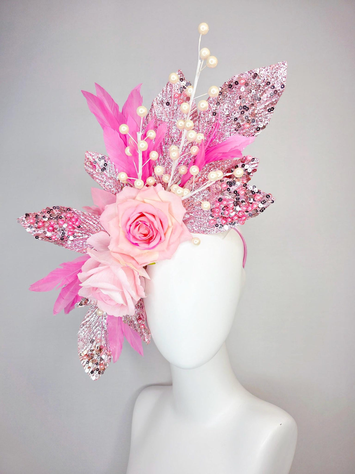kentucky derby hat fascinator large with cream light pink roses beaded pink pearls and silver sequin leaves pearls and blush pink feathers