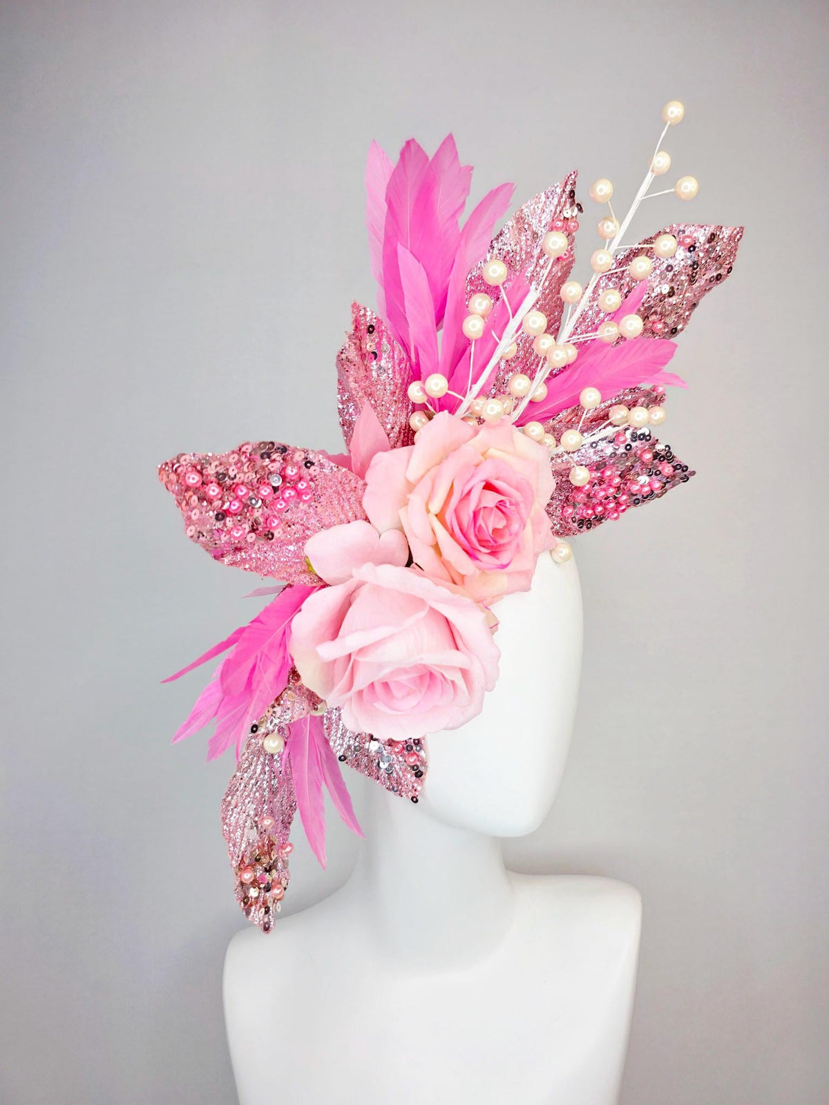 kentucky derby hat fascinator large with cream light pink roses beaded pink pearls and silver sequin leaves pearls and blush pink feathers
