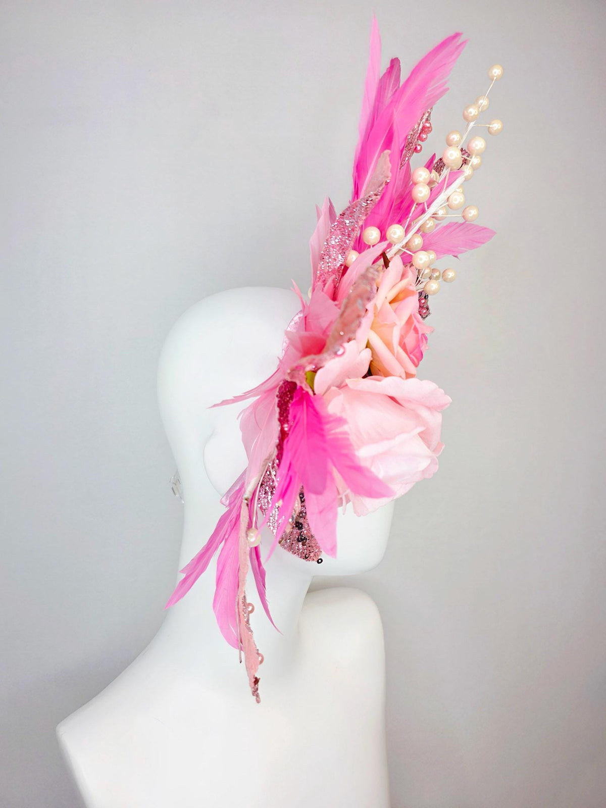 kentucky derby hat fascinator large with cream light pink roses beaded pink pearls and silver sequin leaves pearls and blush pink feathers