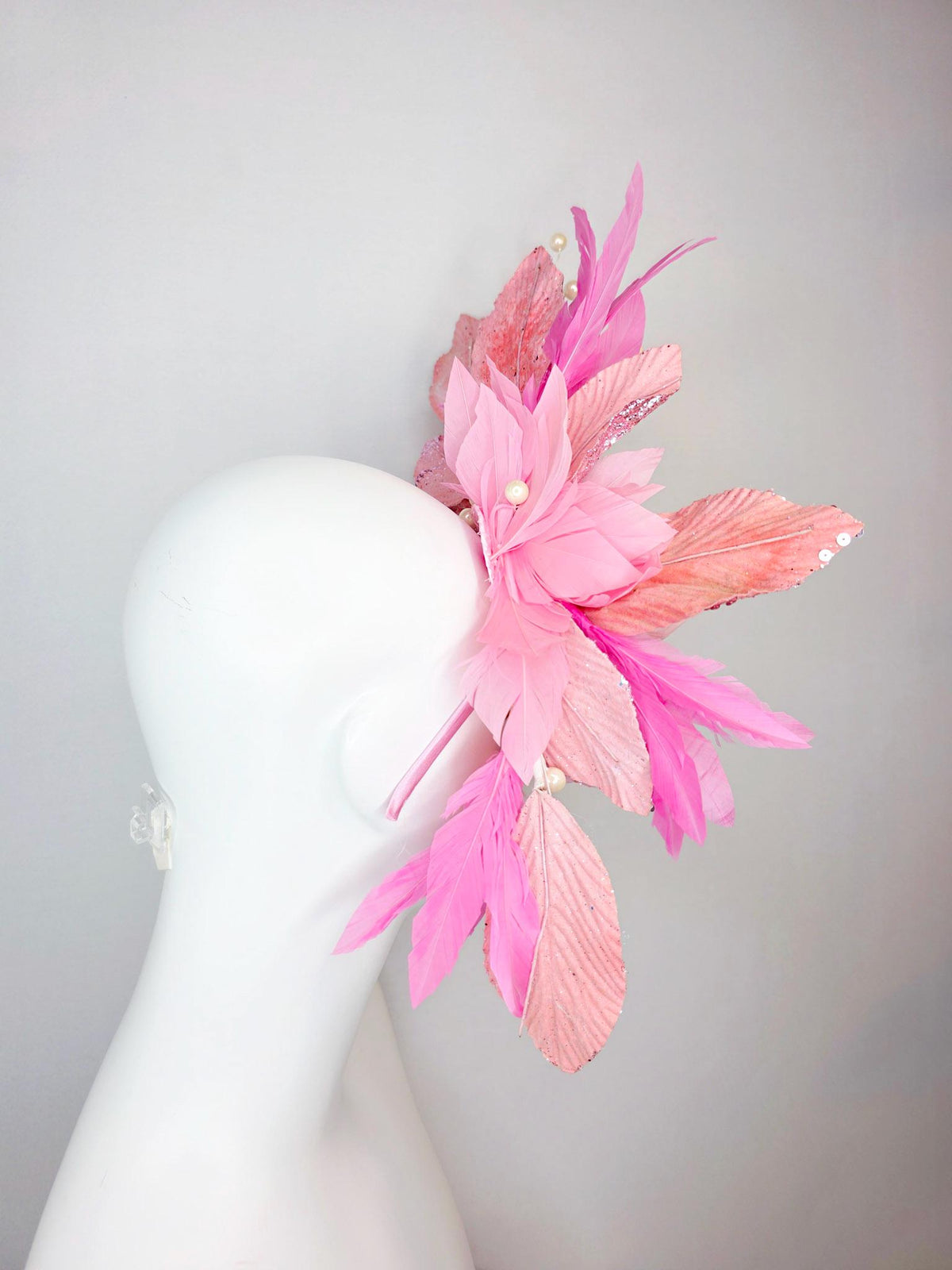 kentucky derby hat fascinator large with cream light pink roses beaded pink pearls and silver sequin leaves pearls and blush pink feathers