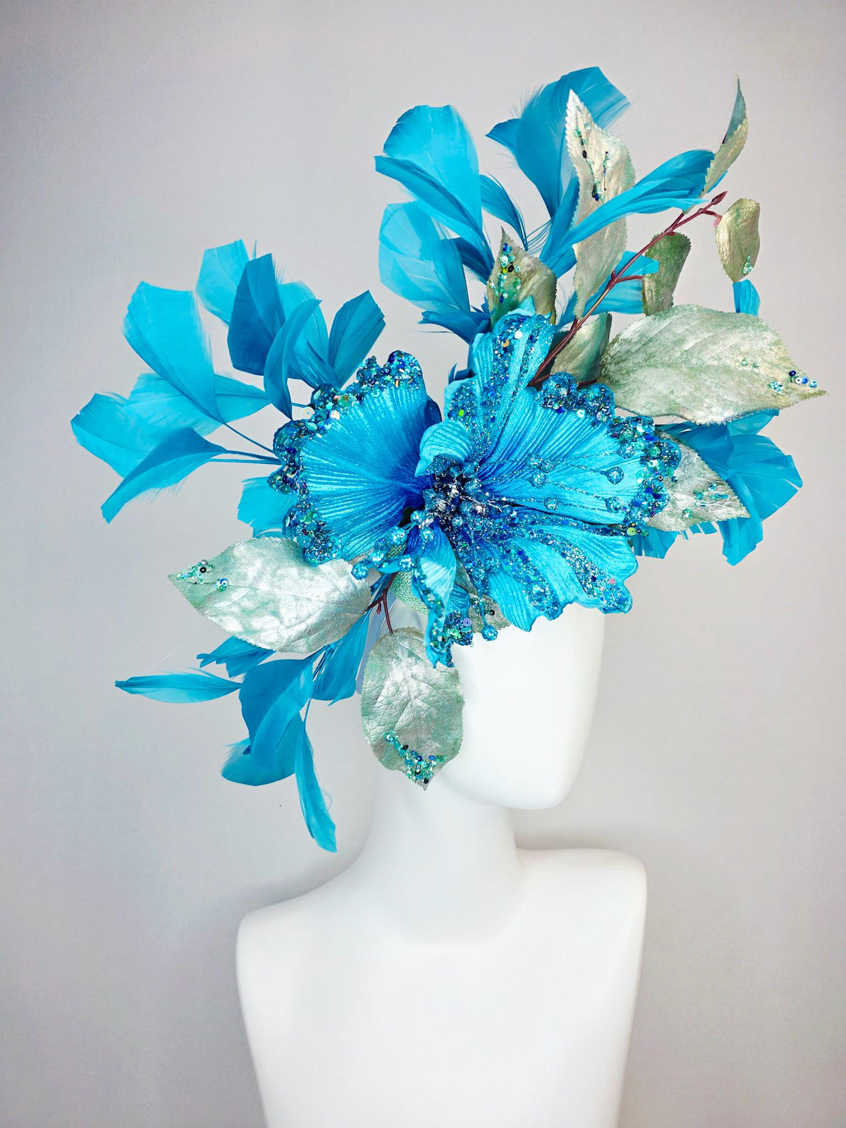 kentucky derby hat fascinator large with sky ocean blue satin flower with sequin silver sage green leaves turquoise blue branching feathers