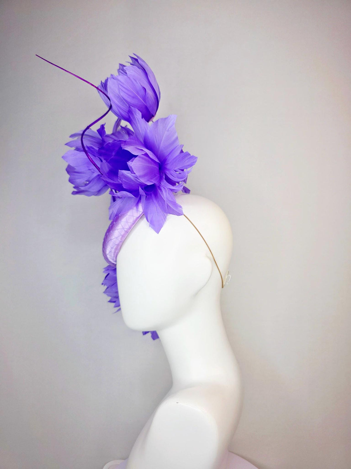 kentucky derby hat fascinator lavender purple satin with netting and large fluffy violet purple feather flowers and light purple feathers