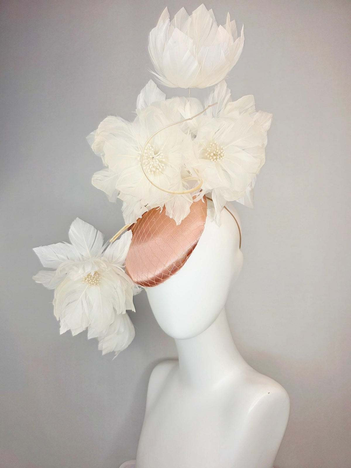 kentucky derby hat fascinator mauve dusty pink satin with netting and large fluffy Ivory white feather flowers and ivory white feathers