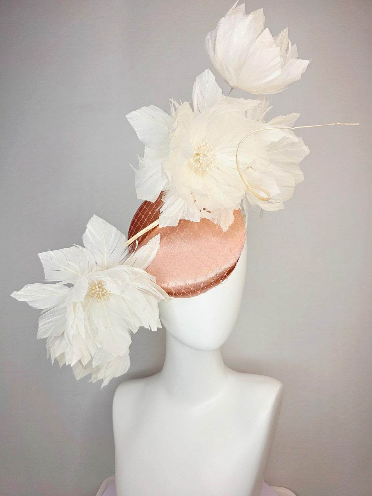 kentucky derby hat fascinator mauve dusty pink satin with netting and large fluffy Ivory white feather flowers and ivory white feathers
