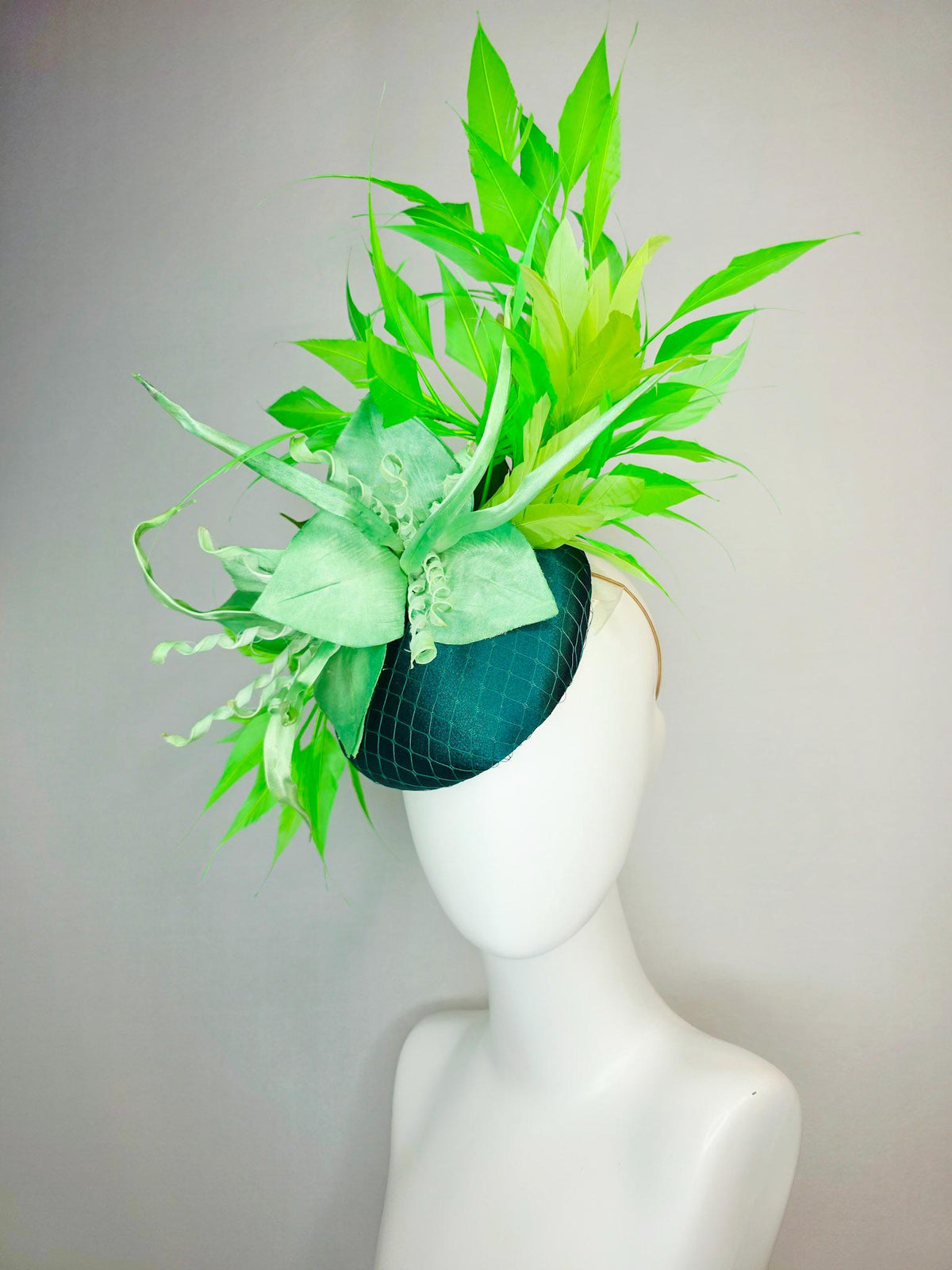 kentucky derby hat fascinator emerald green satin with netting light green satin flower with curls yellow lime green branching feathers