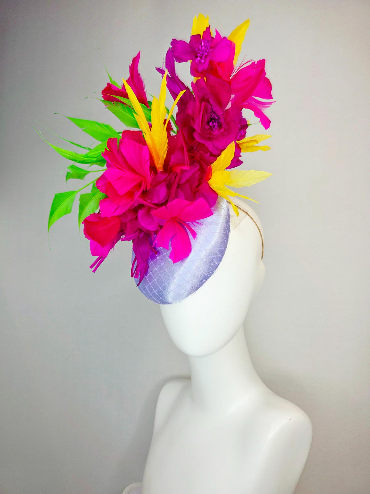 kentucky derby hat fascinator lavender purple satin with netting magenta pink organza flowers yellow lime green fuchsia branching feathers