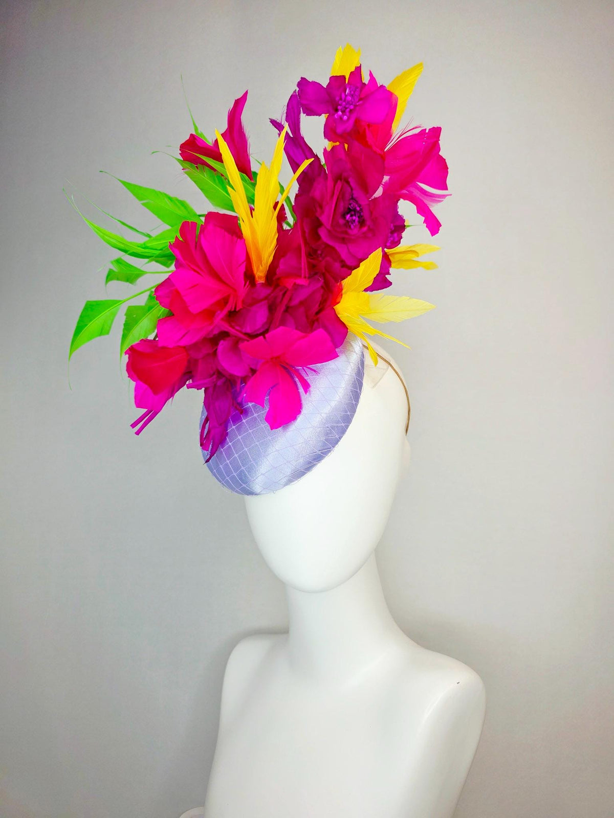 kentucky derby hat fascinator lavender purple satin with netting magenta pink organza flowers yellow lime green fuchsia branching feathers