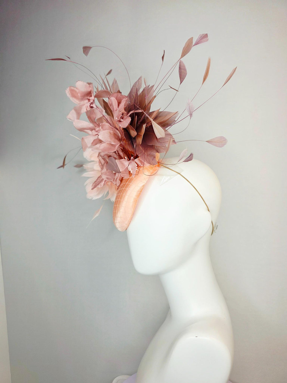 kentucky derby hat fascinator champagne pink peach satin with netting dusty pink organza roses baby pink and mauve dusty fluffy feathers
