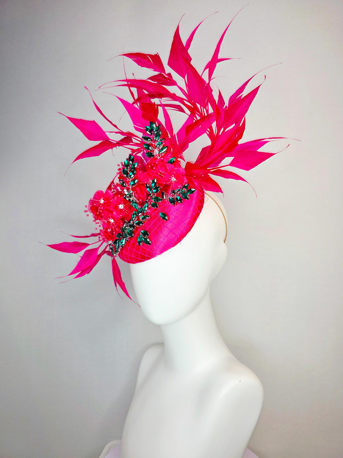 kentucky derby hat fascinator fuchsia satin with netting emerald green leaf vine crystal rhinestones raspberry pink flowers and feathers