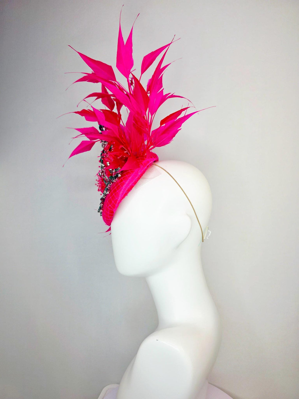 kentucky derby hat fascinator fuchsia satin with netting emerald green leaf vine crystal rhinestones raspberry pink flowers and feathers