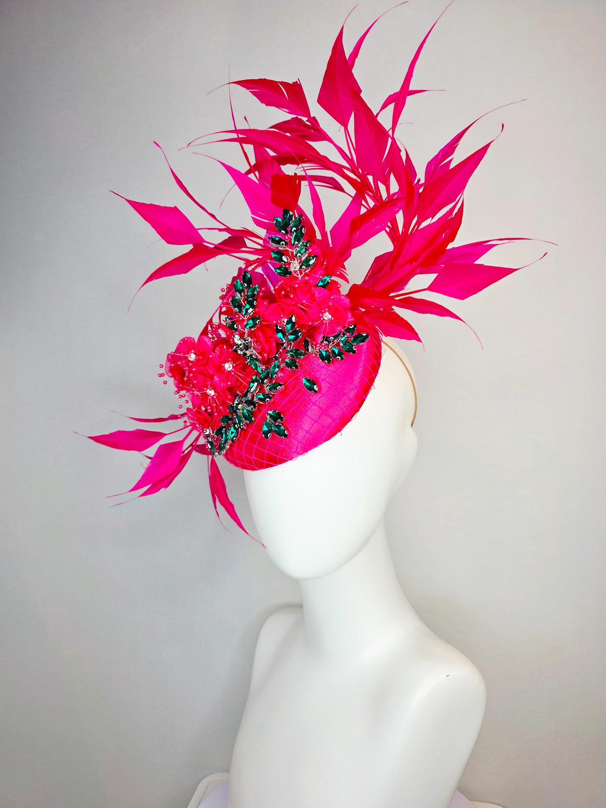 kentucky derby hat fascinator fuchsia satin with netting emerald green leaf vine crystal rhinestones raspberry pink flowers and feathers