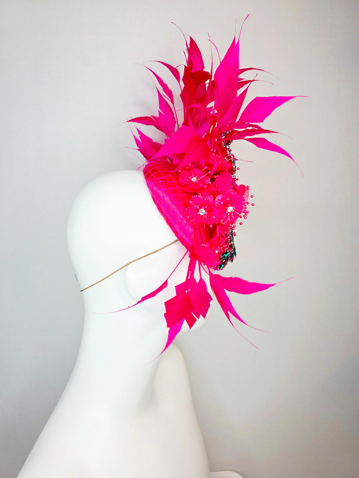 kentucky derby hat fascinator fuchsia satin with netting emerald green leaf vine crystal rhinestones raspberry pink flowers and feathers