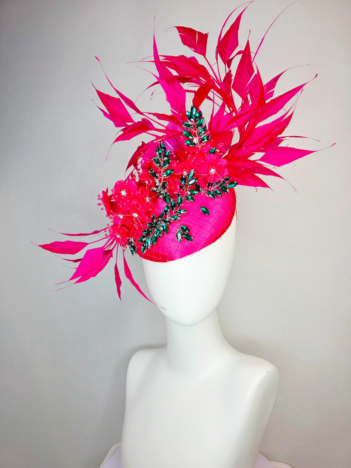 kentucky derby hat fascinator fuchsia satin with netting emerald green leaf vine crystal rhinestones raspberry pink flowers and feathers