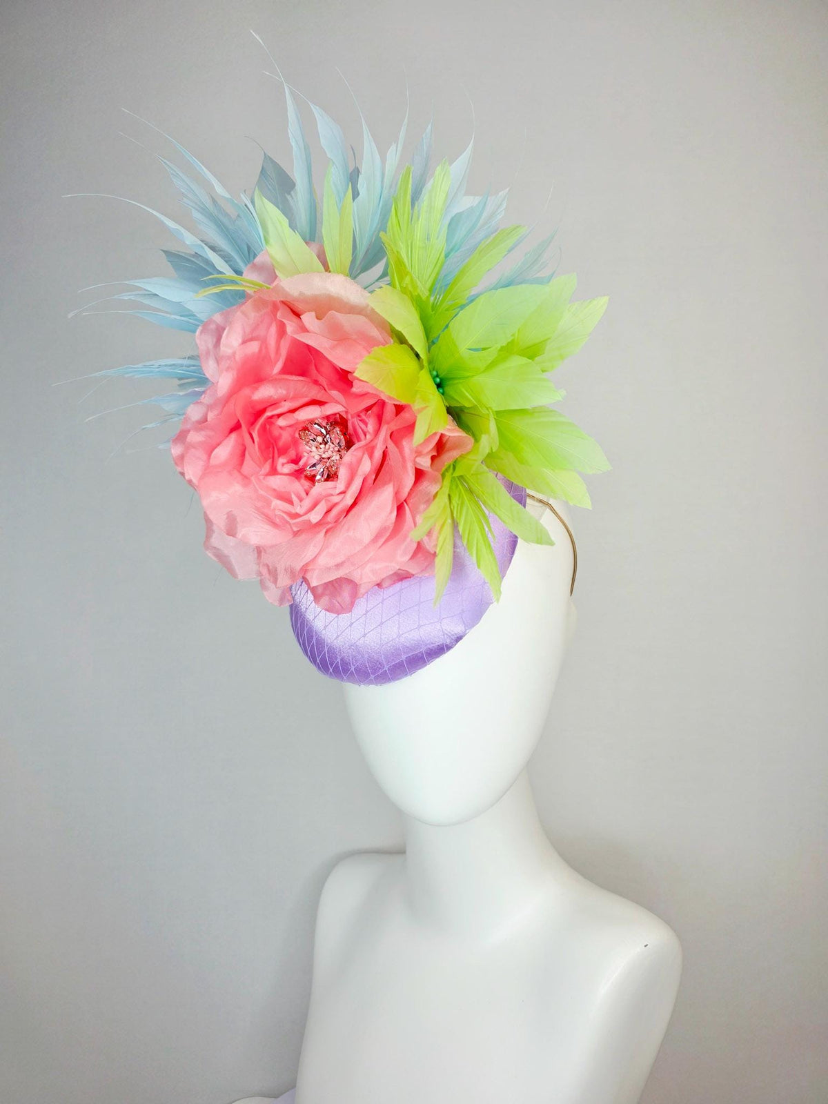 kentucky derby hat fascinator lavender purple satin with netting large light coral pink organza rose sky blue lime green branching feathers