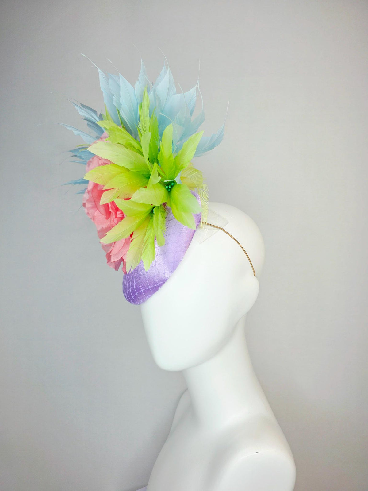 kentucky derby hat fascinator lavender purple satin with netting large light coral pink organza rose sky blue lime green branching feathers