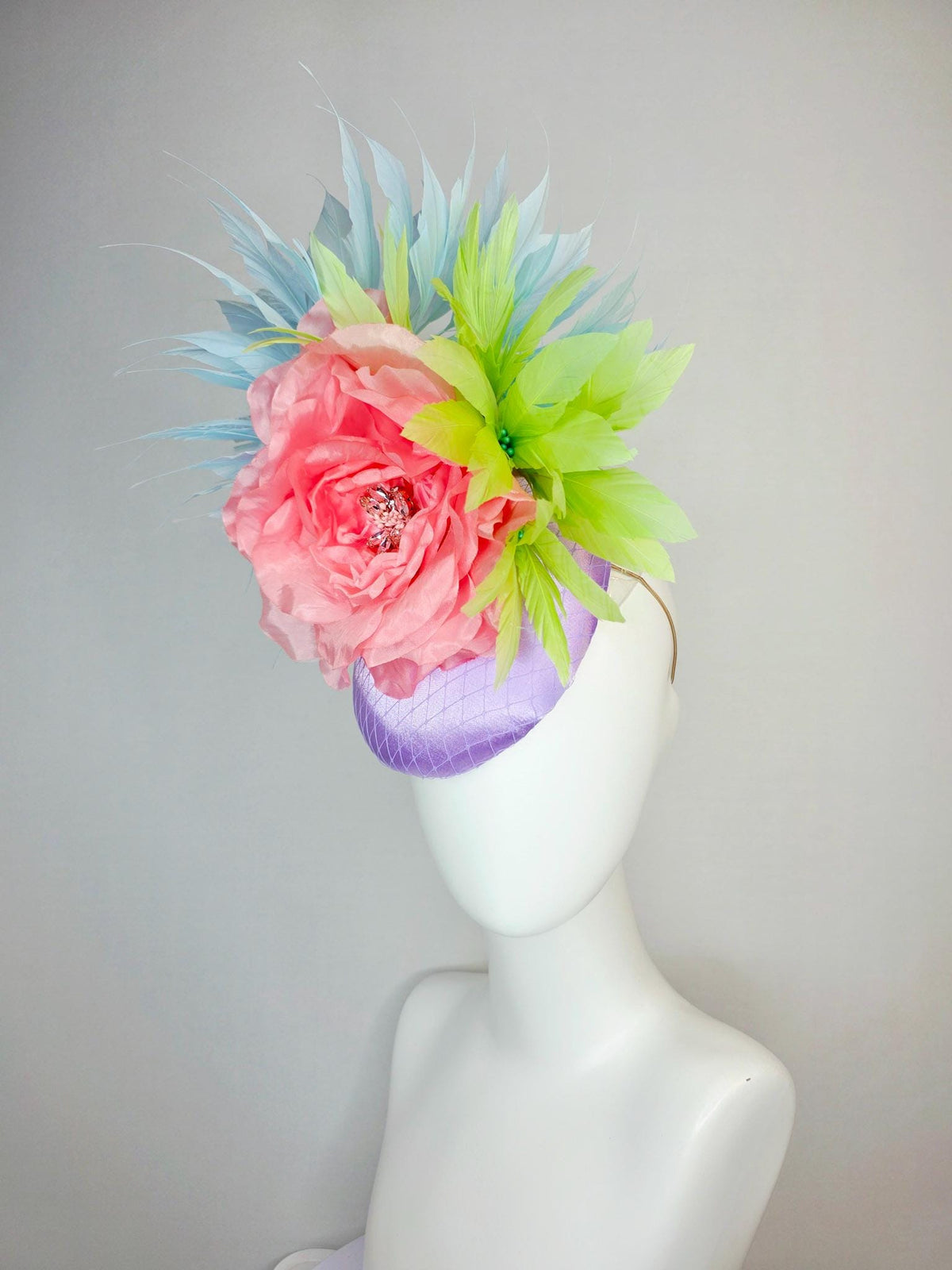 kentucky derby hat fascinator lavender purple satin with netting large light coral pink organza rose sky blue lime green branching feathers