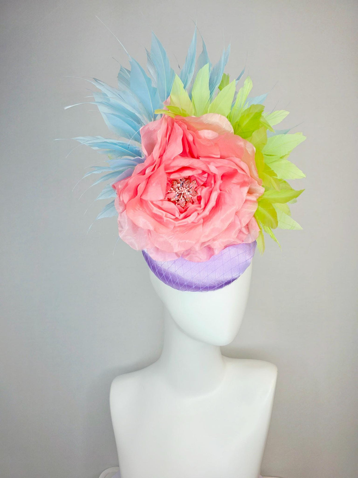 kentucky derby hat fascinator lavender purple satin with netting large light coral pink organza rose sky blue lime green branching feathers